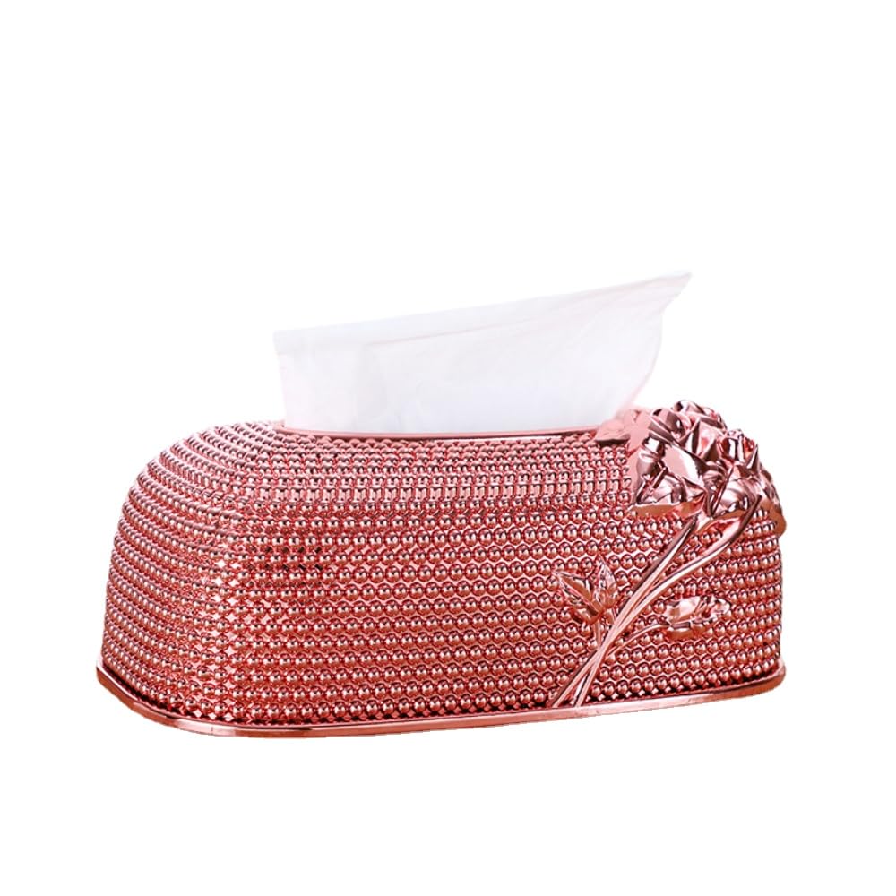 Tissue Cover Holder Creative Embossed Roses Rectangular Acrylic Tissue Box Cover Dispenser Napkin Organizer for Bathroom Bedroom Office and Car (Rose Gold)