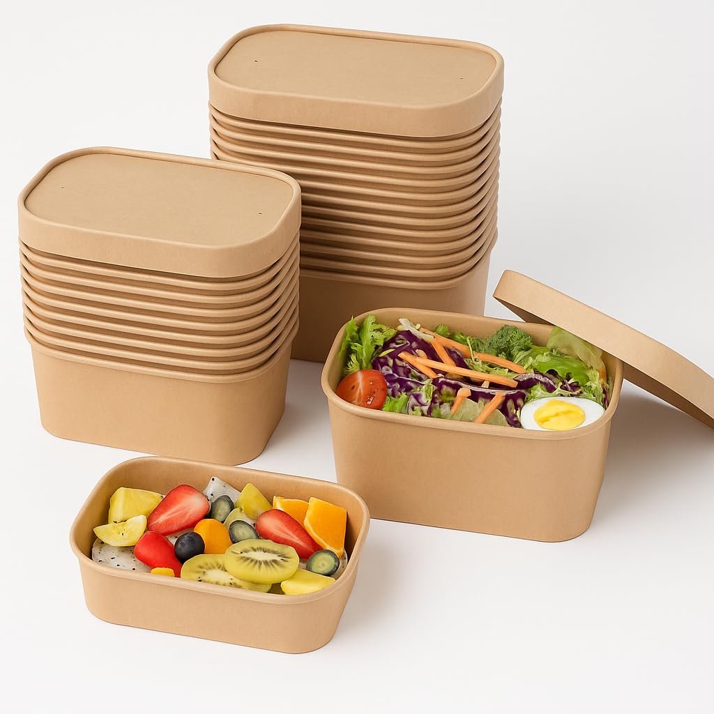ECONX 25 X Kraft Food Containers with Paper Lids 750ml Disposable Rectangular Takeaway Box Heavy-Duty | Leakproof and Oil-Proof Kraft Paper Salad Takeaway Box for Lunch Restaurants, Parties