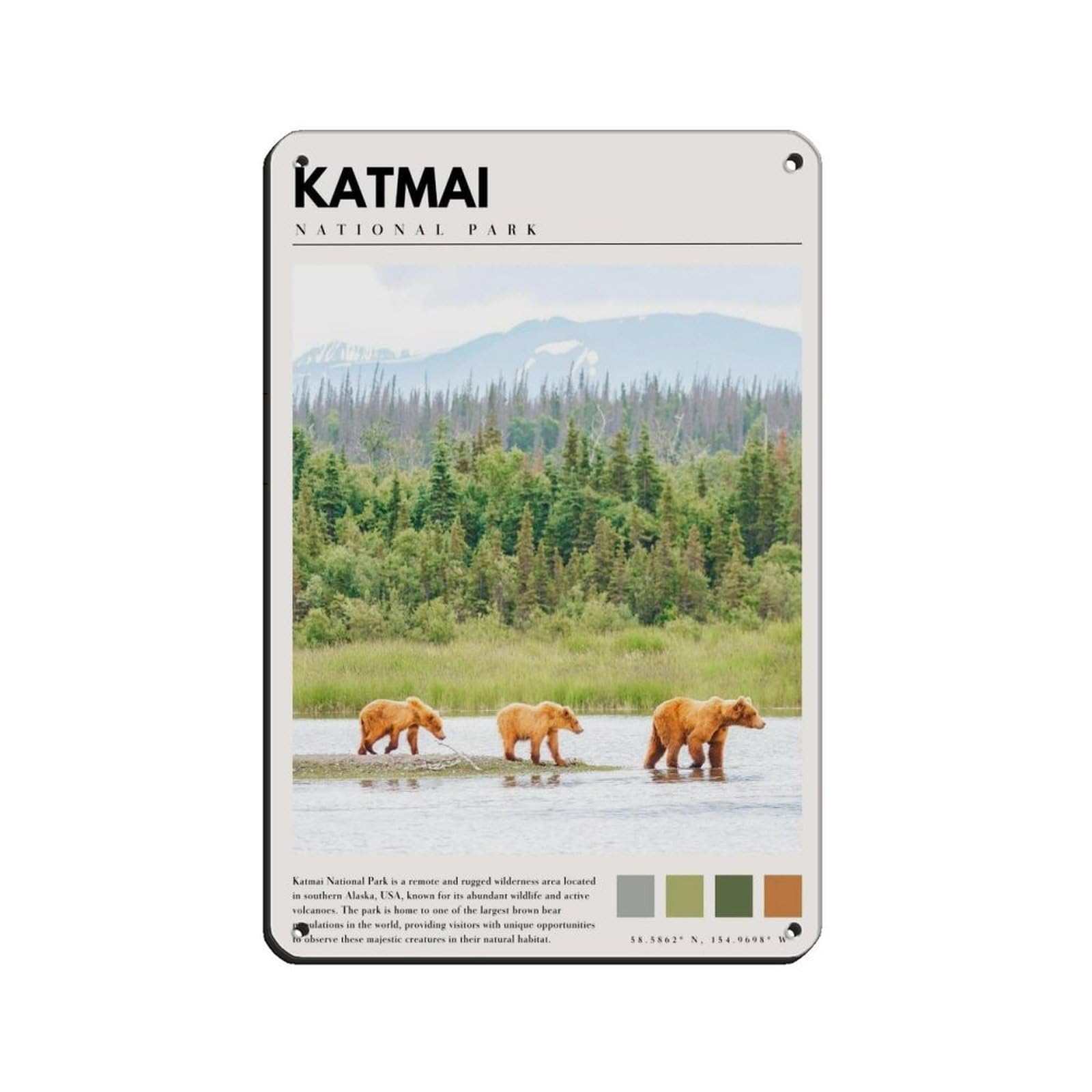 Katmai National Park Poster Katmai Alaska Bear Tin Sign Vintage Metal Pub Club Cafe Bar Home Wall Art Decoration Poster Retro 8x12inch(20x30cm)