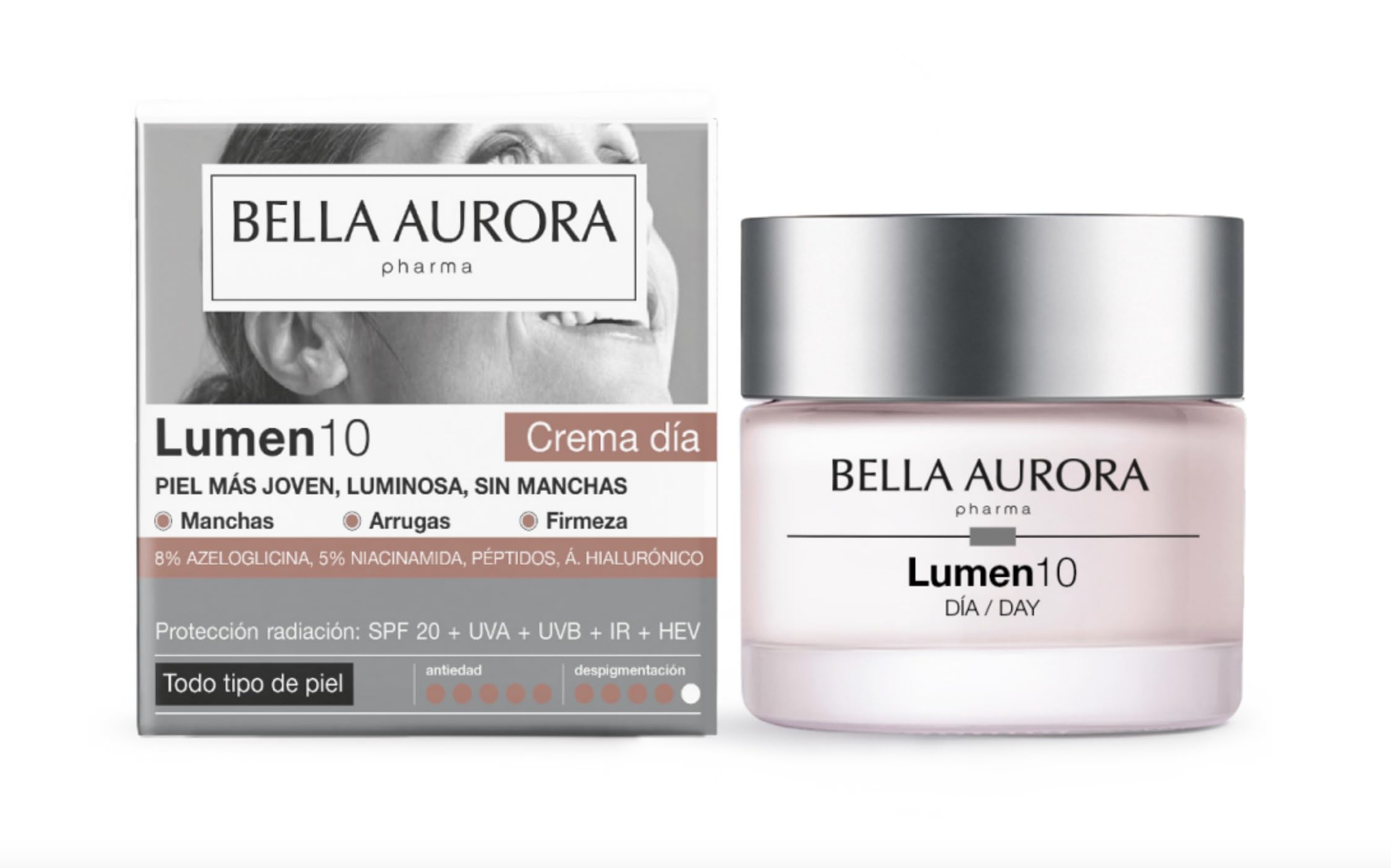Bella Aurora Lumen10 Giorno Crema Anti-​Età Antimacchia Globale con SPF 20, Protezione UVA/​UVB/​IR/​HEV, Niacinamide, Peptidi e Acido Ialuronico | Idratazione, Luminosità, Elasticità e Affidabilità | 50