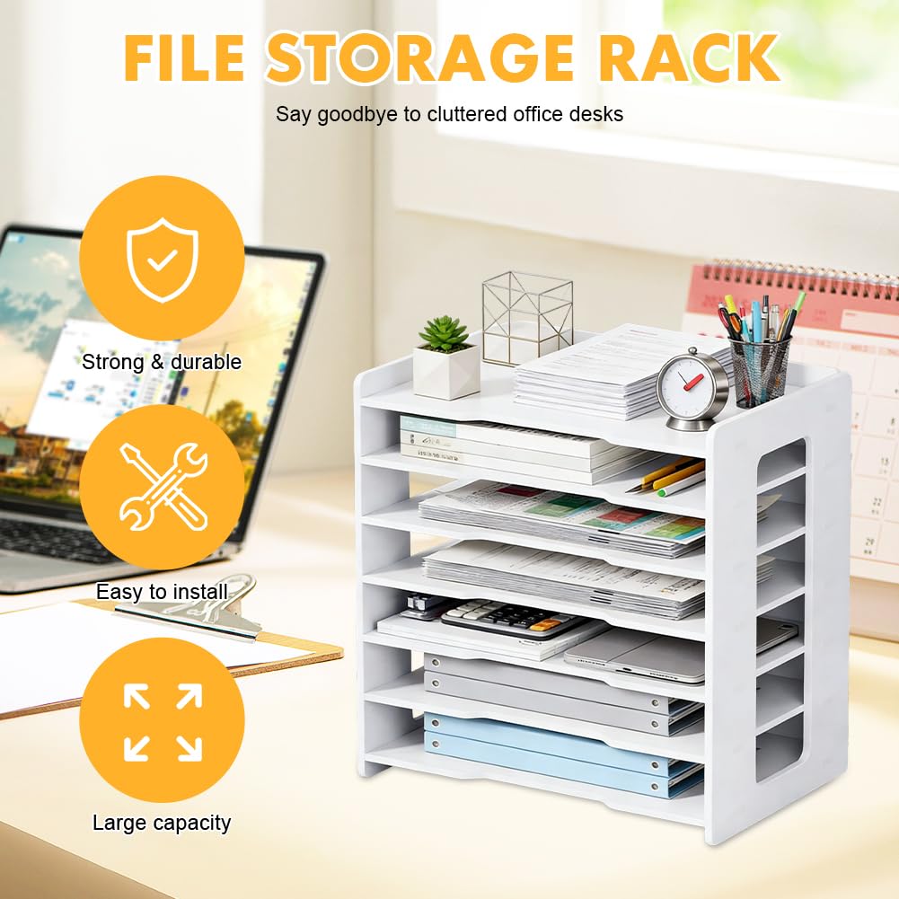 Organizer da scrivania formato A4, vassoio per lettere, porta documenti, formato A4, organizer per documenti, organizer per casa, ufficio, scuola (bianco, 7 ripiani)
