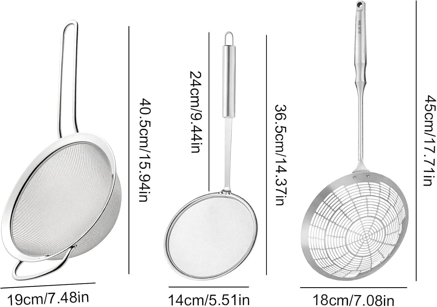 Multi Kitchen Utensil Stainless Steel Cooking Skimmer 100 mesh Drain Water Filter Spoon Ladle Spider Strainer Skimmer Ladle for Cooking &Frying(Set,Large)