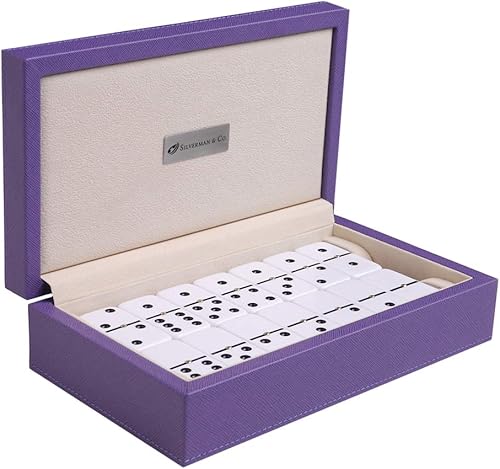 Silverman & Co. Juego de dominó blanco doble 6 grandes - Estuche morado