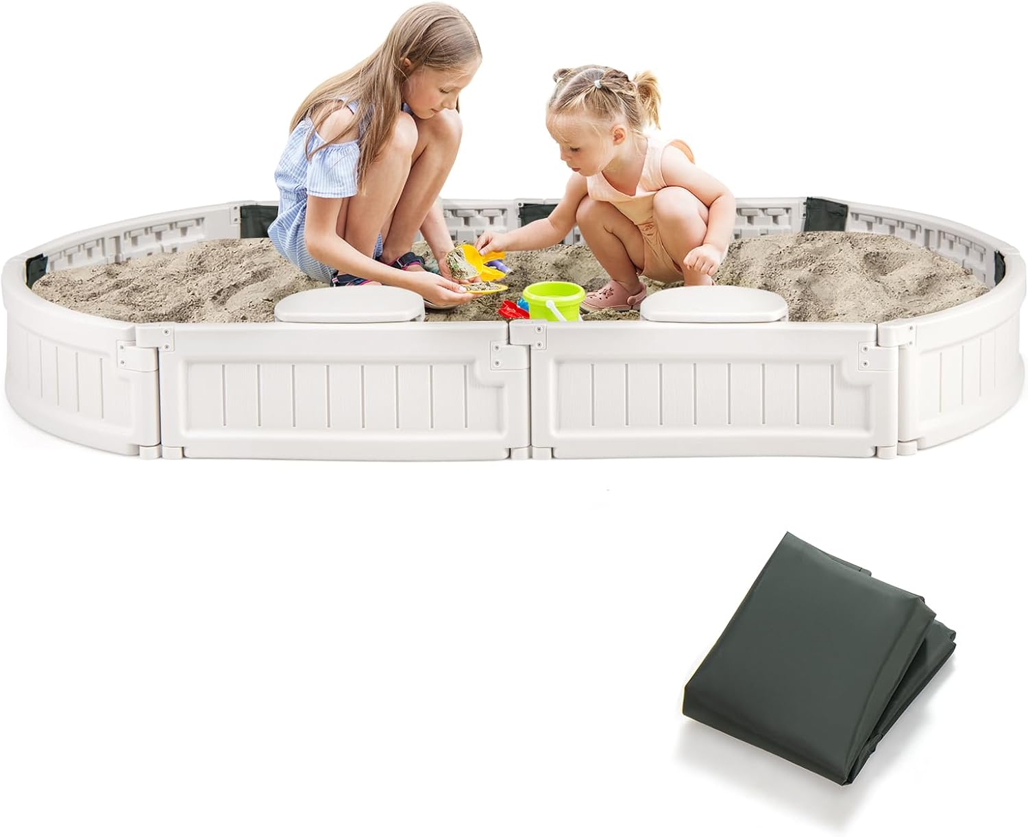 Costzon Kids Sandbox with Cover, Detachable Built-in Seating, Bottom Liner, Weather Resistant Outdoor Sandbox Kit, Child Outdoor Sand Pit for Backyard Lawn Garden Beach (White,Elliptical)