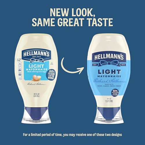 Image of Hellmann's Light Mayonnaise 20 oz, Lite Mayo Squeeze, Sandwich Spread, 1PK | For sandwiches, dips, dressings and simple meals; cage-free eggs; Light; 20 oz.
