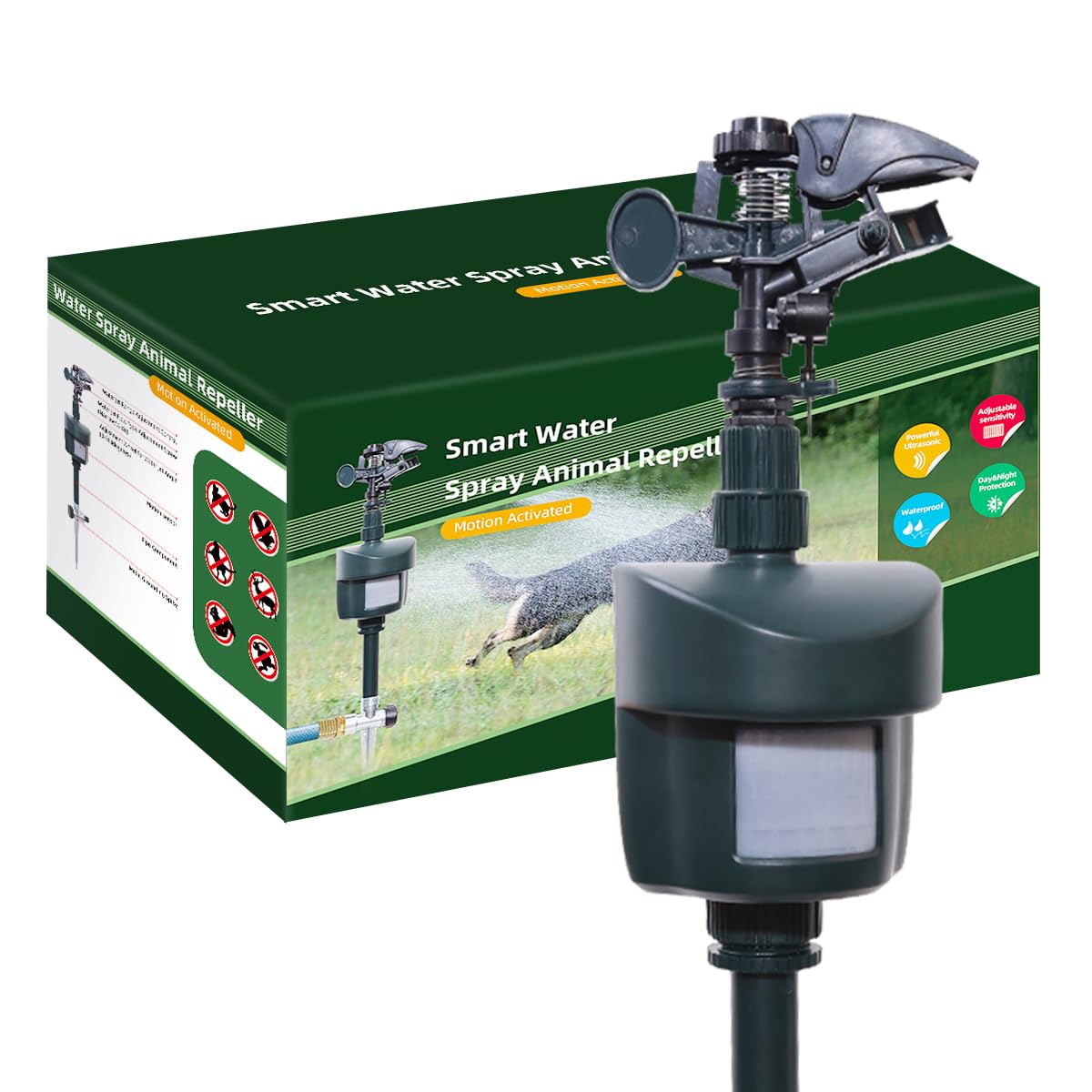Aqualin Water Jet Animal Repellent with Day & Night Detection Modes Motion Activated Sprinkler Bird Heron Cat Repellent Garden Wild Animals Up to 10M Range