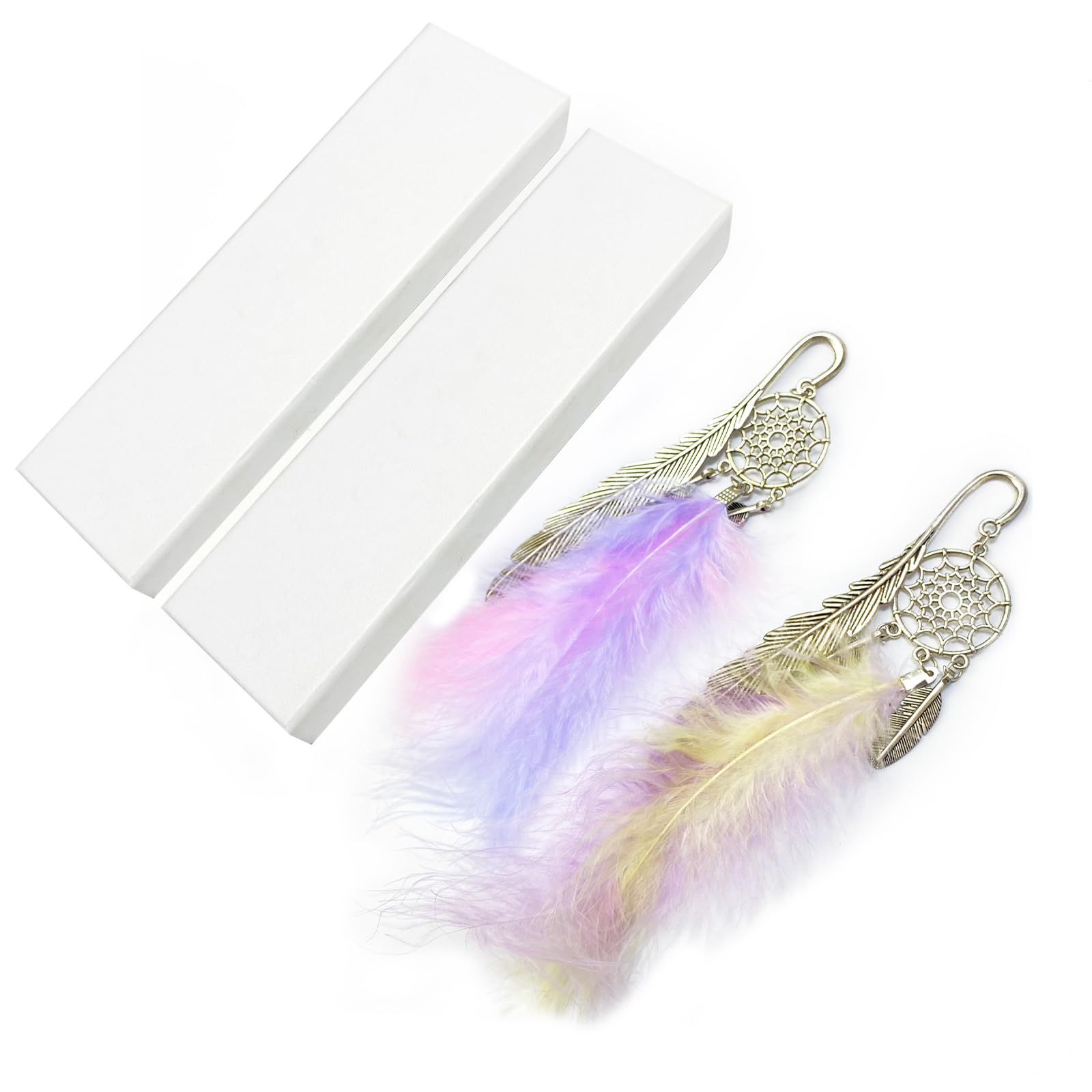 Feather Bookmark, Metal Dream Catcher Pages Separator, color Feather, 2pcs per Set, with Gift Box per Pack, Perfect for Women, Student, Family, Book Lovers, Planner