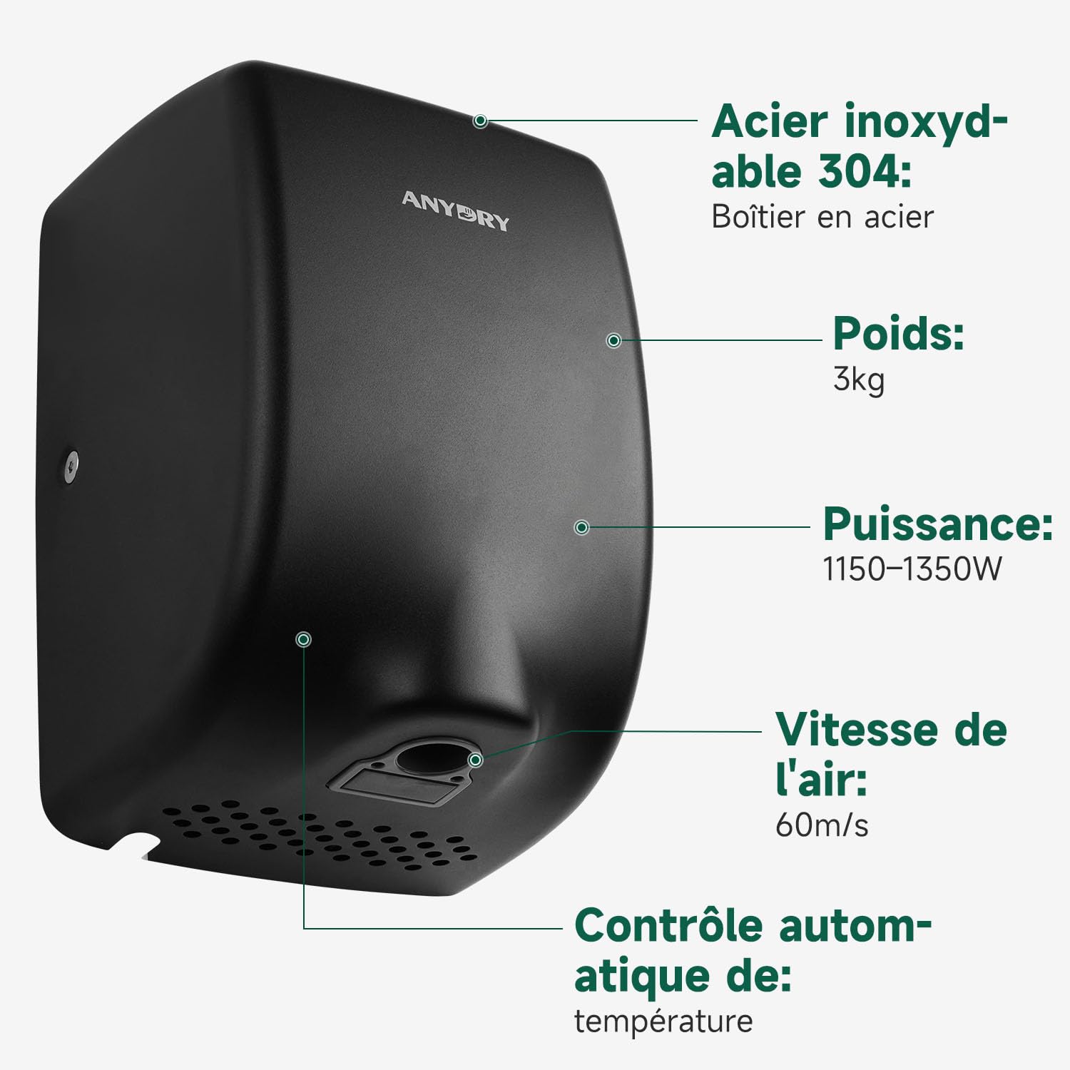 anydry Sèche-Mains 2803Y Mini, Flux d'air Haute Vitesse 1350W, Finition Acier Inoxydable Noir Mat, Gain de Place pour Usage Professionnel & Domestique(Mat Noir)