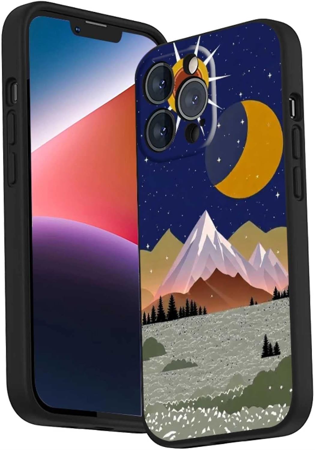 Compatible with iPhone 14 Pro Landscape Case,Aesthetic Nature Mountains Landscape Moon Sun Trendy Pattern for iPhone Case Men Women,Shockproof Protective Soft Silicone Gifts Case for iPhone Aesthetic Nature Mountains Landscape Moon and Sun