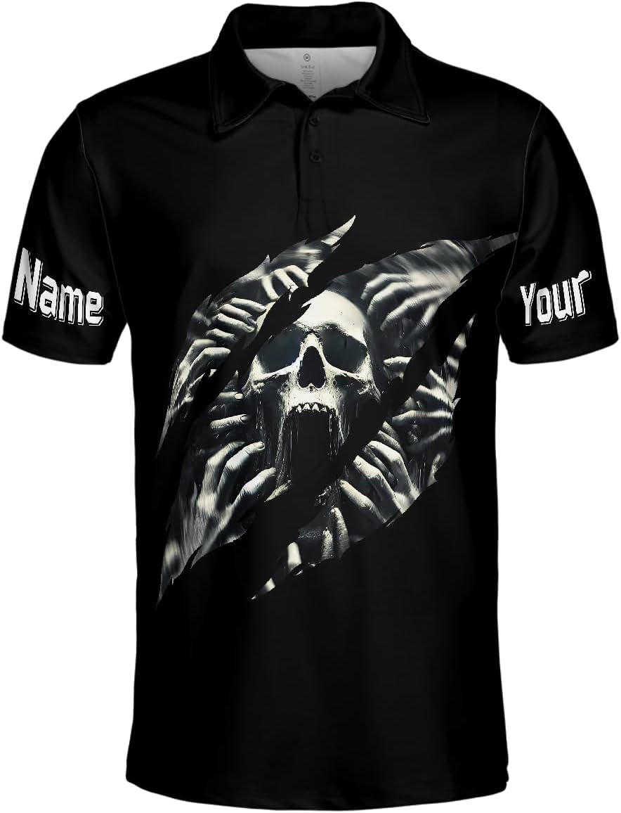 ThuhaTree Store Personalized Horror Skull Men & Women Polo Shirt S-5XL – Custom Name Graphic Skull Shirt