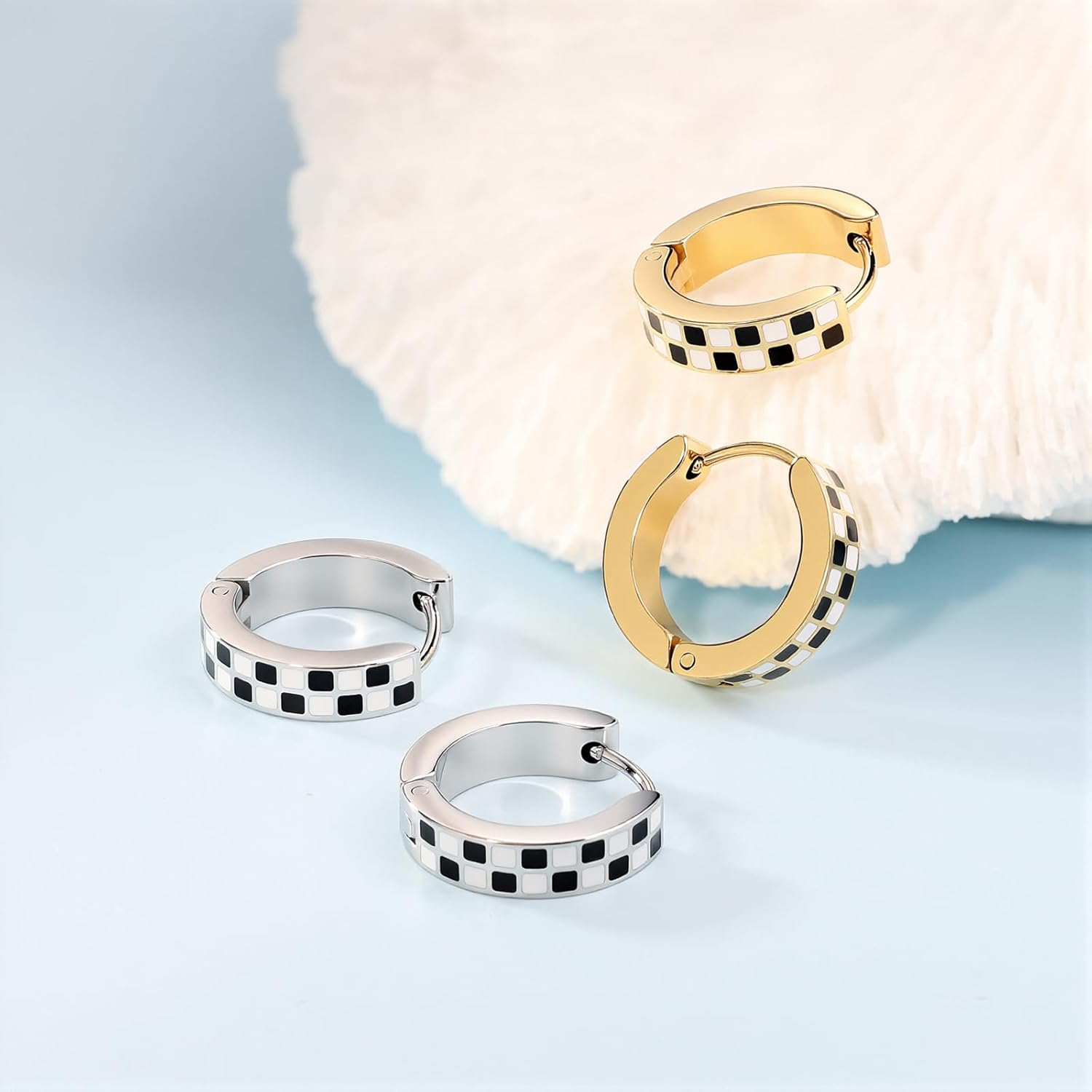Checkered Small Hoop Earrings for Women, Hypoallergenic Gold Plated Silver Huggie Hoops for Men Surgical Stainless Steel Black and White Chequer Statement Earring - Image 7
