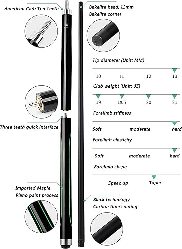 Miniatura 2 de QIANMEI Tacos de piscina de 59 pulgadas y 20 onzas con tecnología negra de fibra de carbono 12 puntas de cabeza grande de 0512in para hombres o