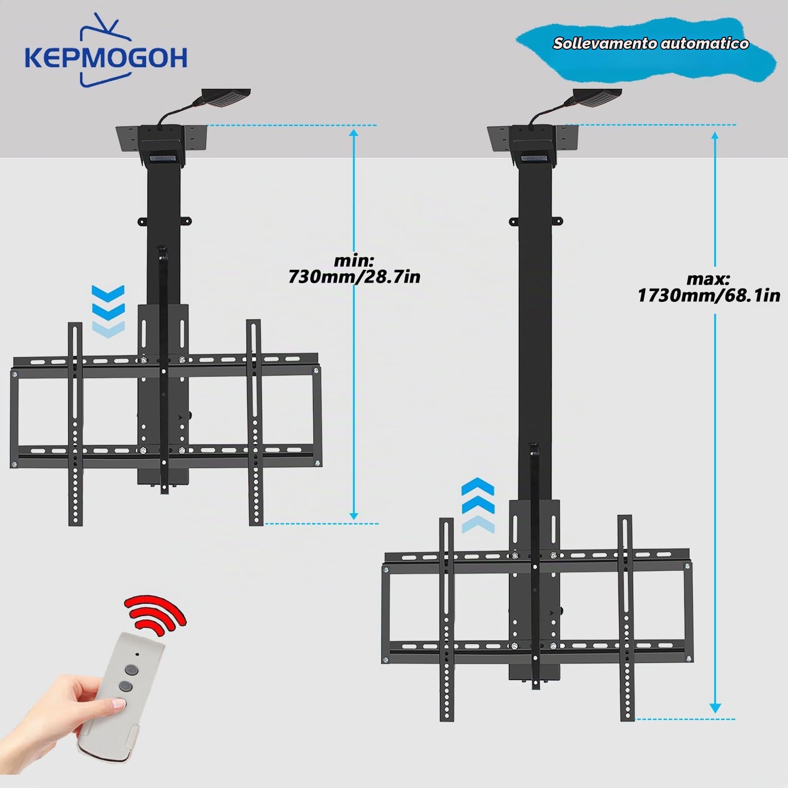supporto tv motorizzato per schermi al plasma/LCD/LED da 32-70 pollici, Sollevamento automatico supporto tv soffitto with telecomando, Max VESA 600x400 mm, che Regge fino a 60 kg (730-1730mm)