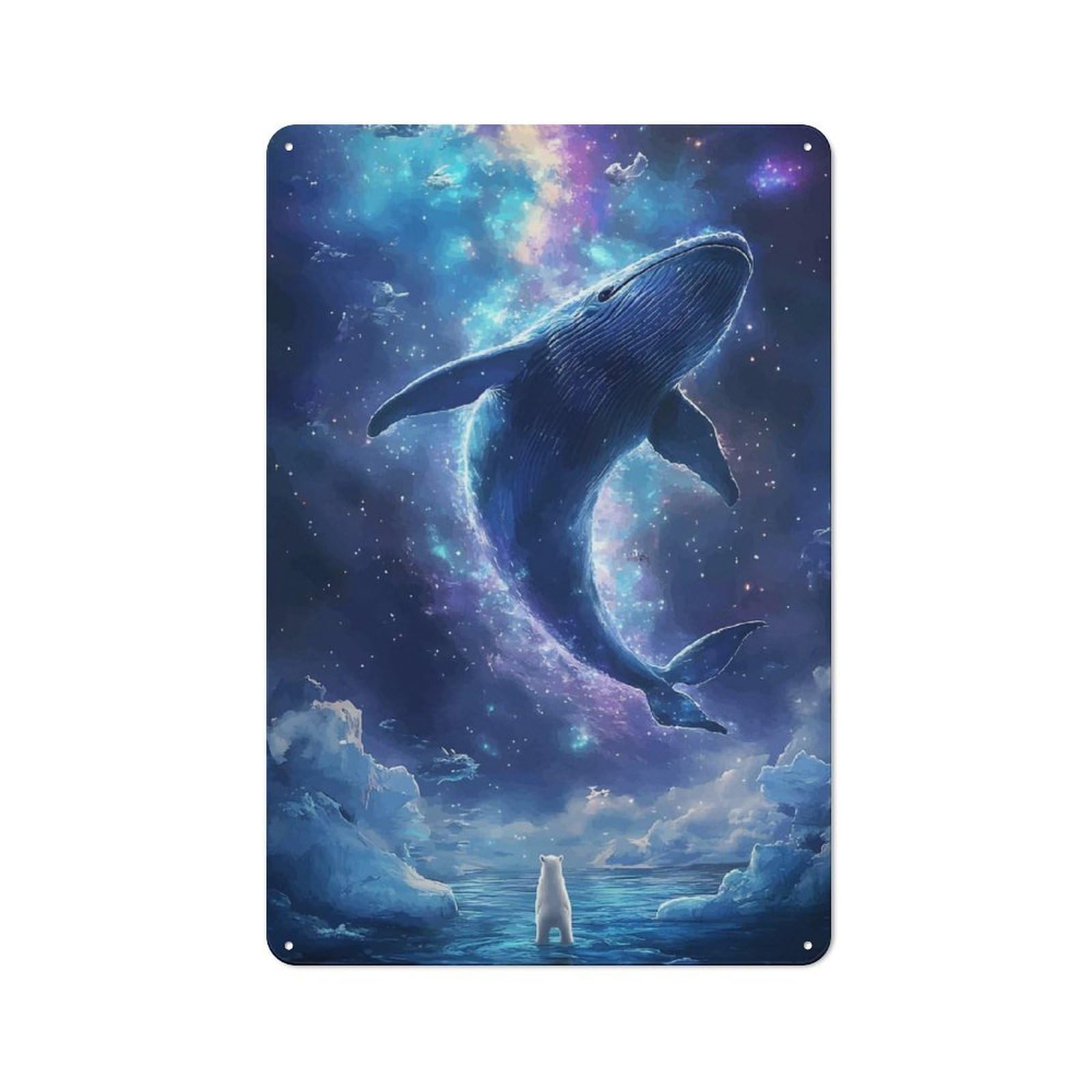 Tin Wall Plaque 30x20cm with Whale in Space with Polar Bear for Pub Or Café, for Hospitality Wall Decor Collectors