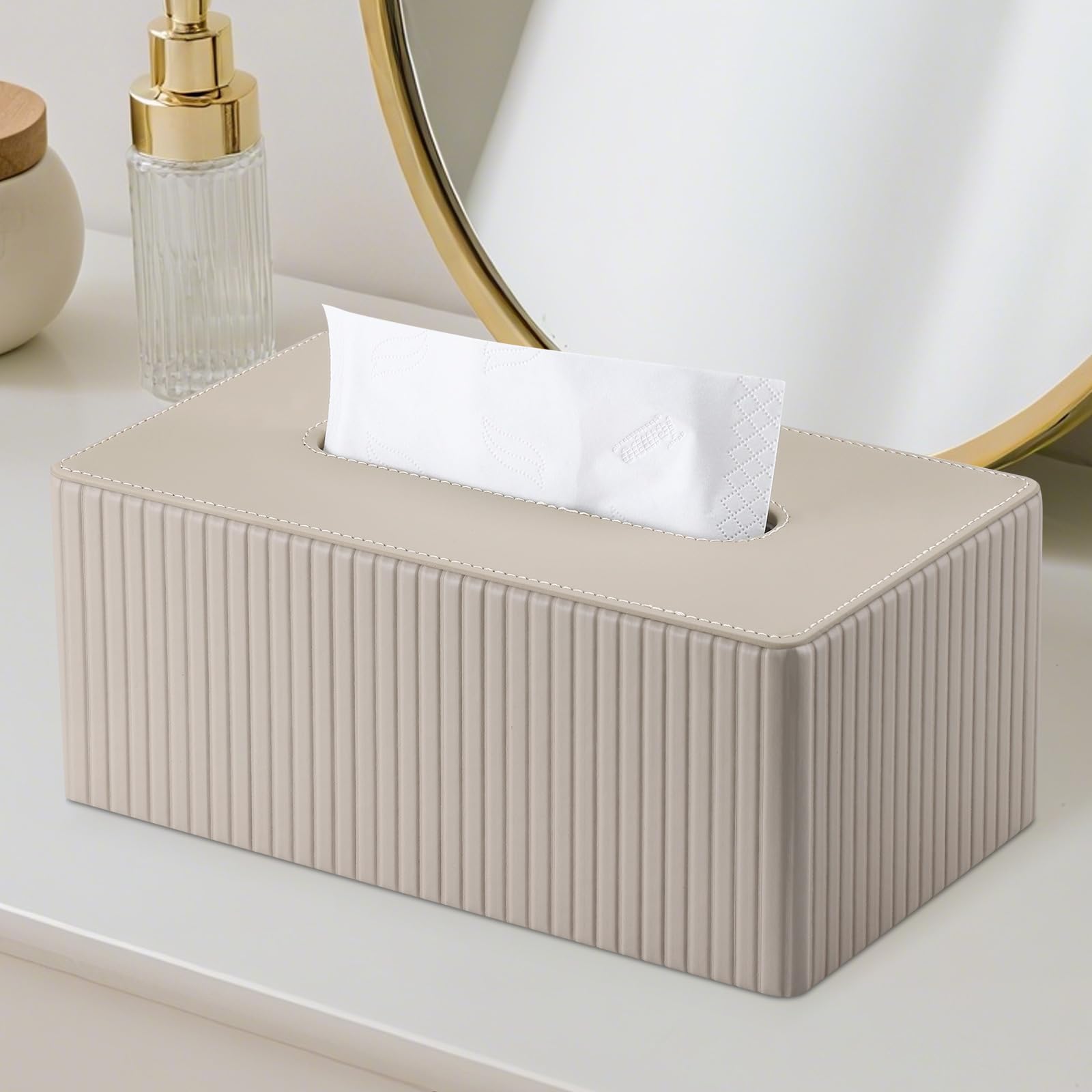 KINGFOM Porta Fazzoletti in Pelle PU, Rettangolare Fazzoletti Box per Ufficio, Casa, Bagno (Beige)