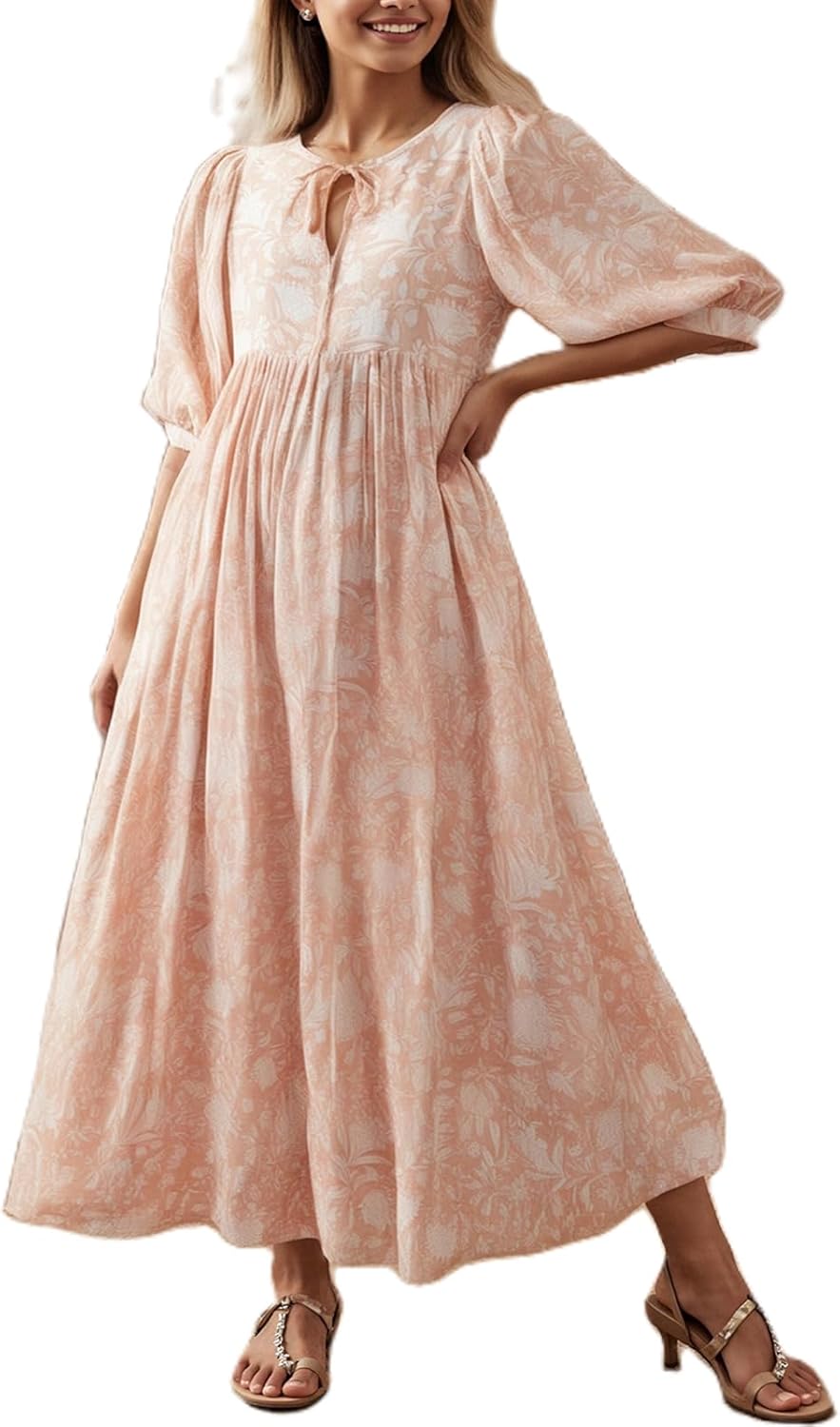 Women Elegant Floral Long Maxi Dress Puff Short Sleeve Square Neck Ruffle Ruched Boho Swing Beach Party Dress