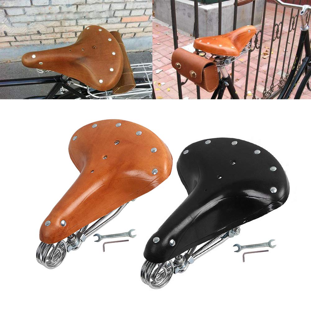 Baceyong - Sella per bicicletta, comoda e vintage, in pelle bovina, con molle (nero)