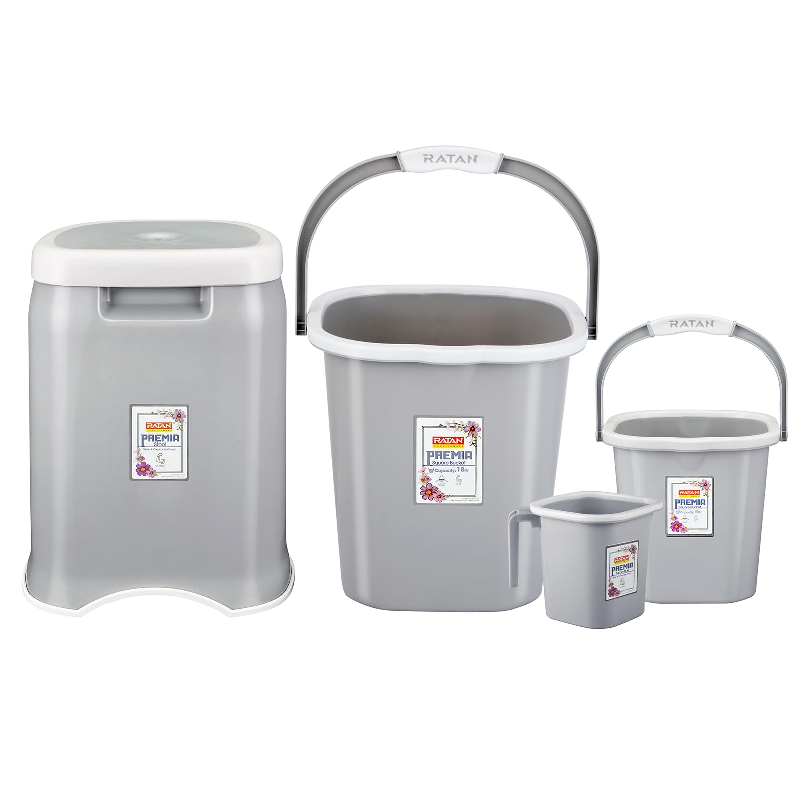 RATAN PLASTICWARE Premia Bathroom Set (Bucket 5L X 1) + (Bucket 18L X 1) + (Mug 1.5L X 1) + (Large Stool X 1) - Diaso Grey|Easy to Carry | Perfect for Use in Bathrooms, Kitchen & Wet Utility Areas-image-45