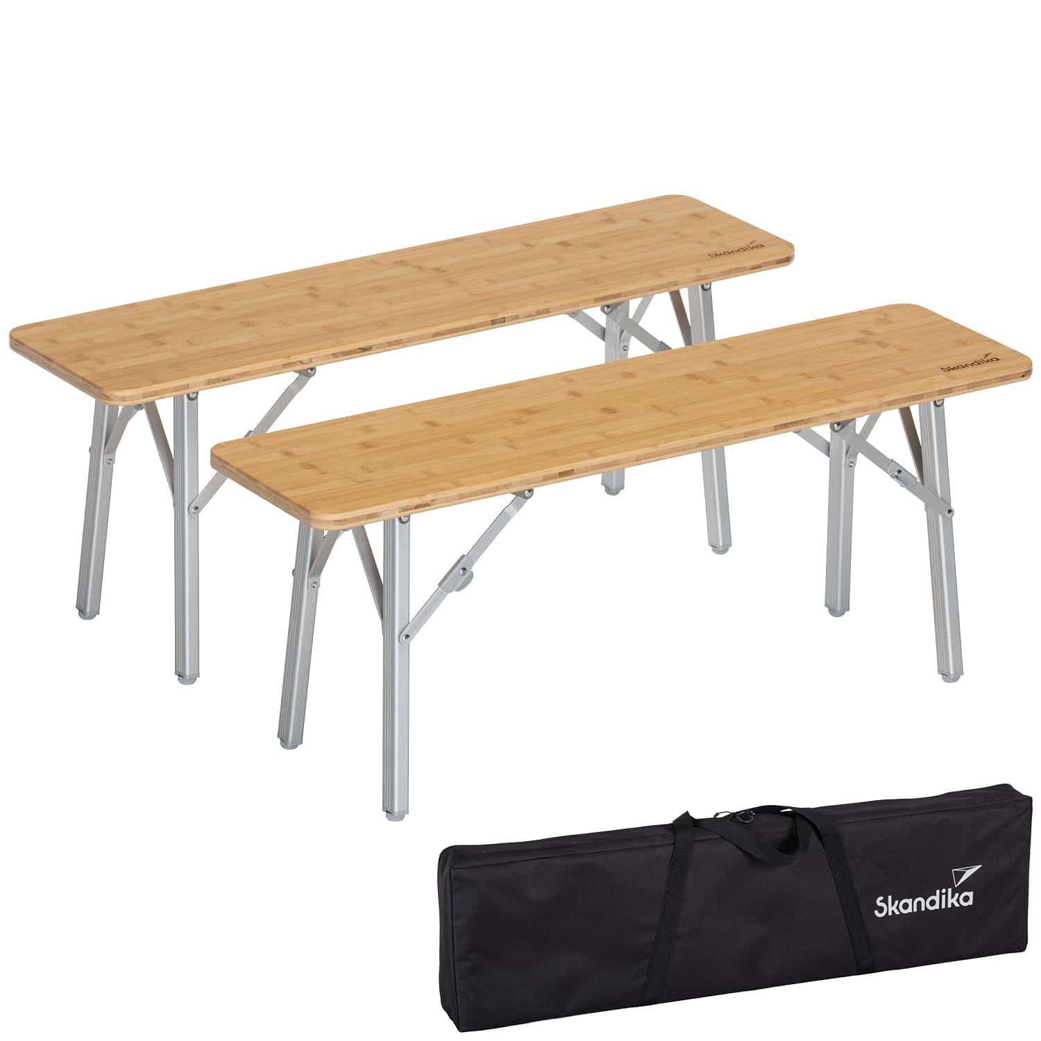 Skandika Ławka do siedzenia Tolja zestaw 2 szt., ławka kempingowa z bambusa, 100 x 27 x 39 cm, obciążenie do 200 kg, odporna na warunki atmosferyczne, torba do przenoszenia, ławka do piwna, ławka do