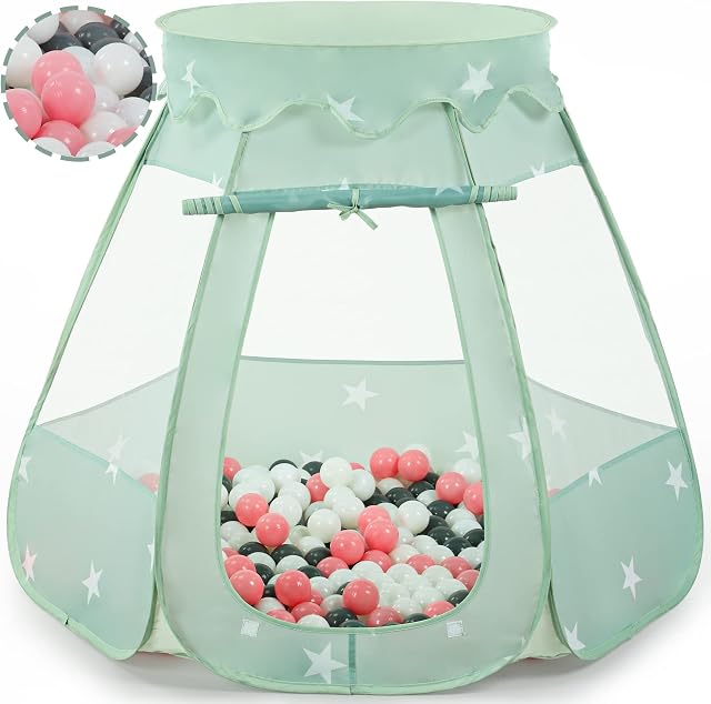 Wilhunter Baby Ball Pit for Toddler with 50 Balls, Kids Pop Up Play Tent for Girls, Princess Toys for Children Indoor & Outdoor Playhouse with Carry Bag (Celadon: Pink/White/Gray, 109x90cm/50 Balls)