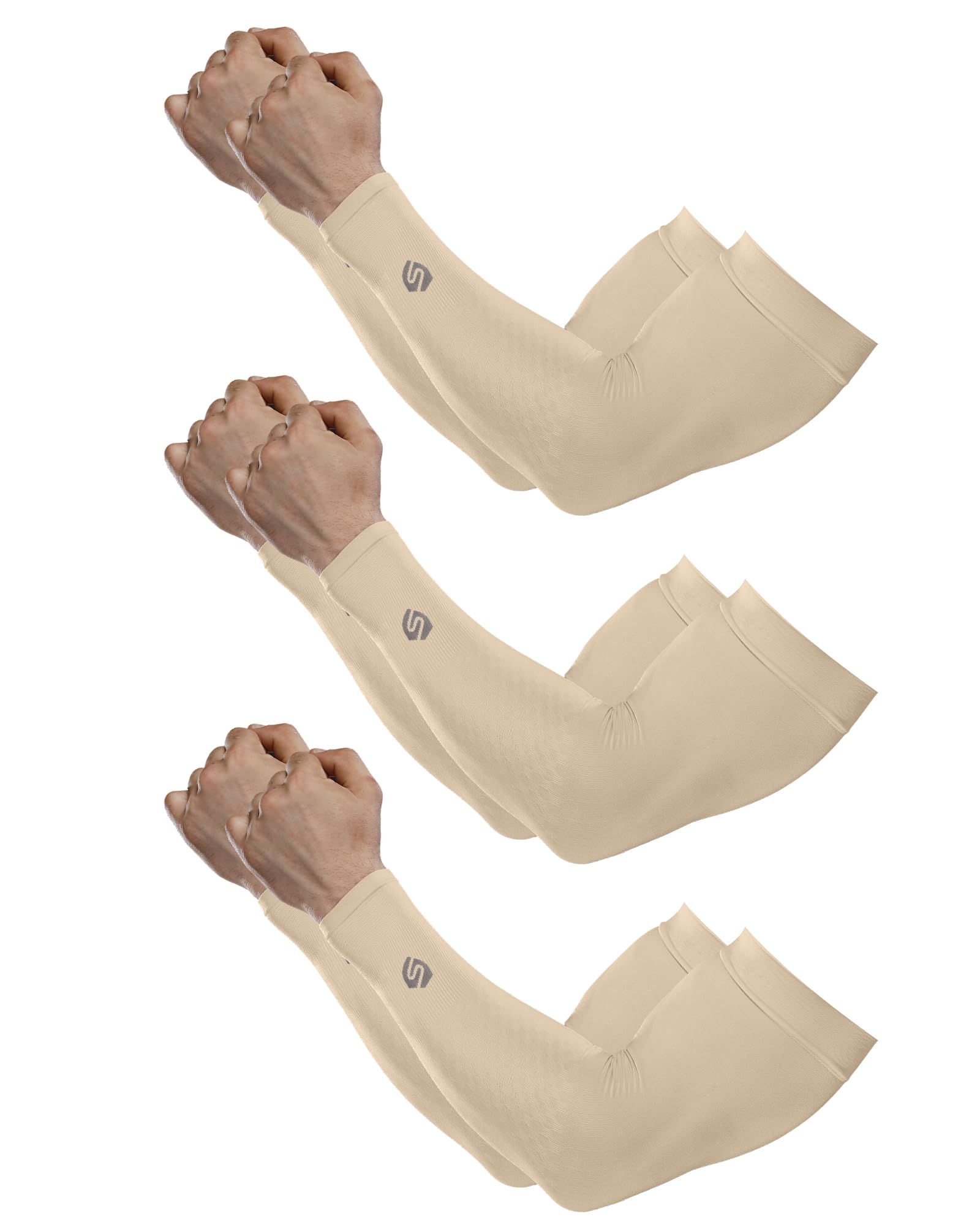 Shinymod Unisex 3 Pairs - Beige Uv Sun Protection Arm Sleeves Gaming Cooling Compression Tattoo Cover Up Sleeve For Men Women Arms, For Sports Cycling Golf Running