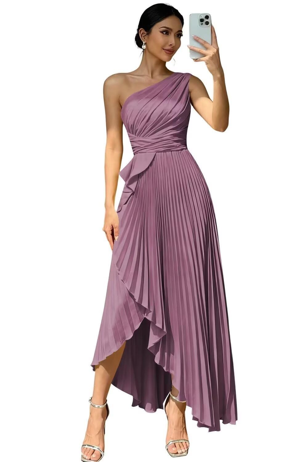 JAEDEN Ein Schulter Satin Brautjungfernkleider - Damen A Linie Abendkleid Plissee Ballkleider mit Schlitz
