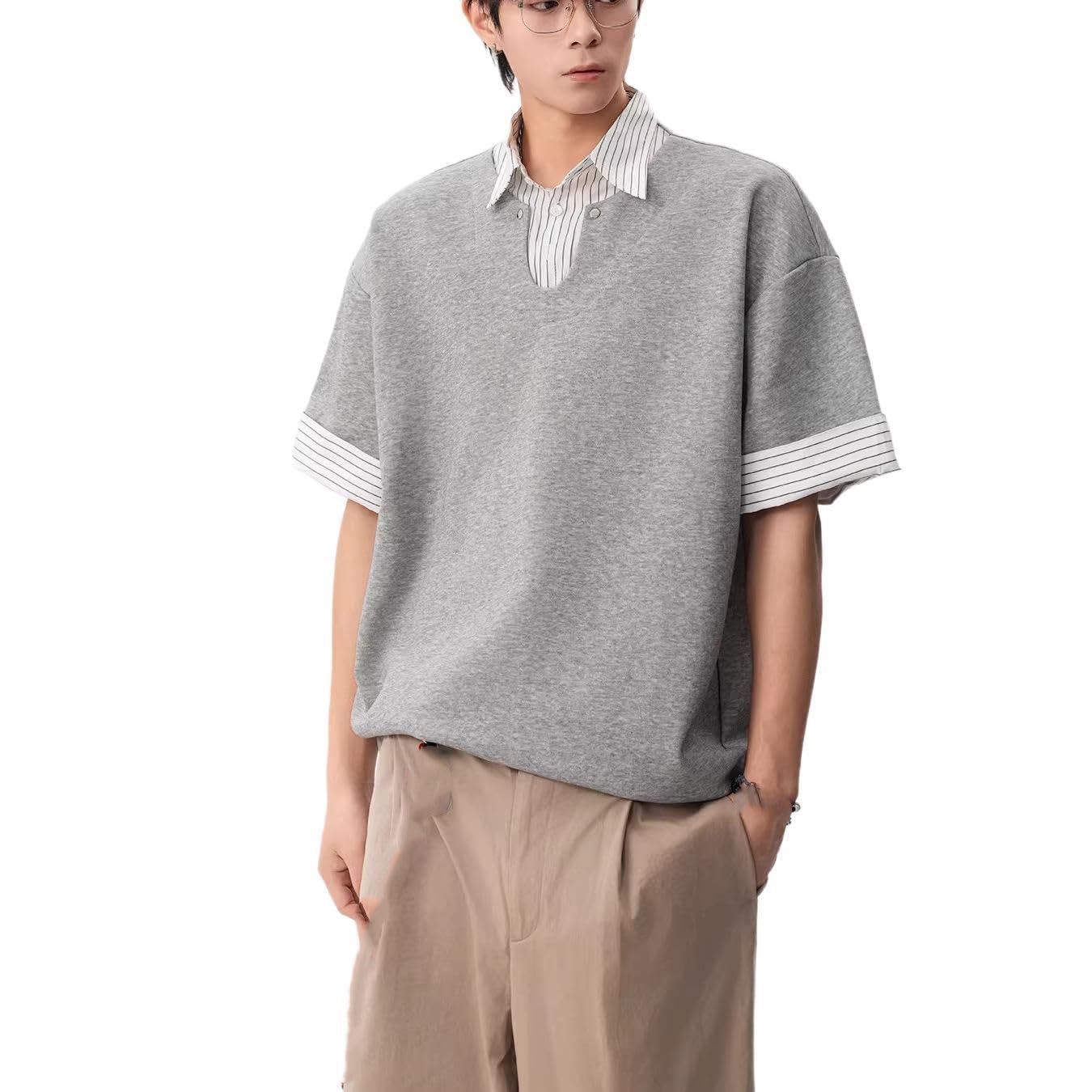 Męska szara sztuczna 2-częściowa koszula polo w kratę z krótkim rękawem z kołnierzykiem koszulka letnia amerykańska retro top na co dzień