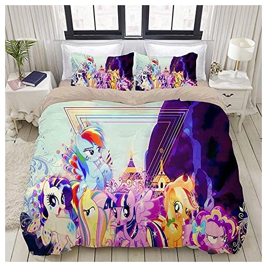Aatensou My Little Pony 3D-tryck påslakan set mikrofiber påslakan med dragkedja set + 2örngott anime tecknad sängkläder (A4,135 x 200 cm 50 x 75 cm x 2)
