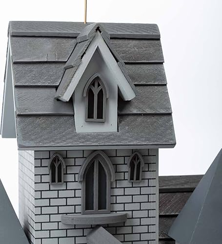 Miniatura 8 de Wind & Weather Castillo gótico para pájaros con veleta de dragón de metal, casa para pájaros funcional, panel trasero fácil de limpiar,