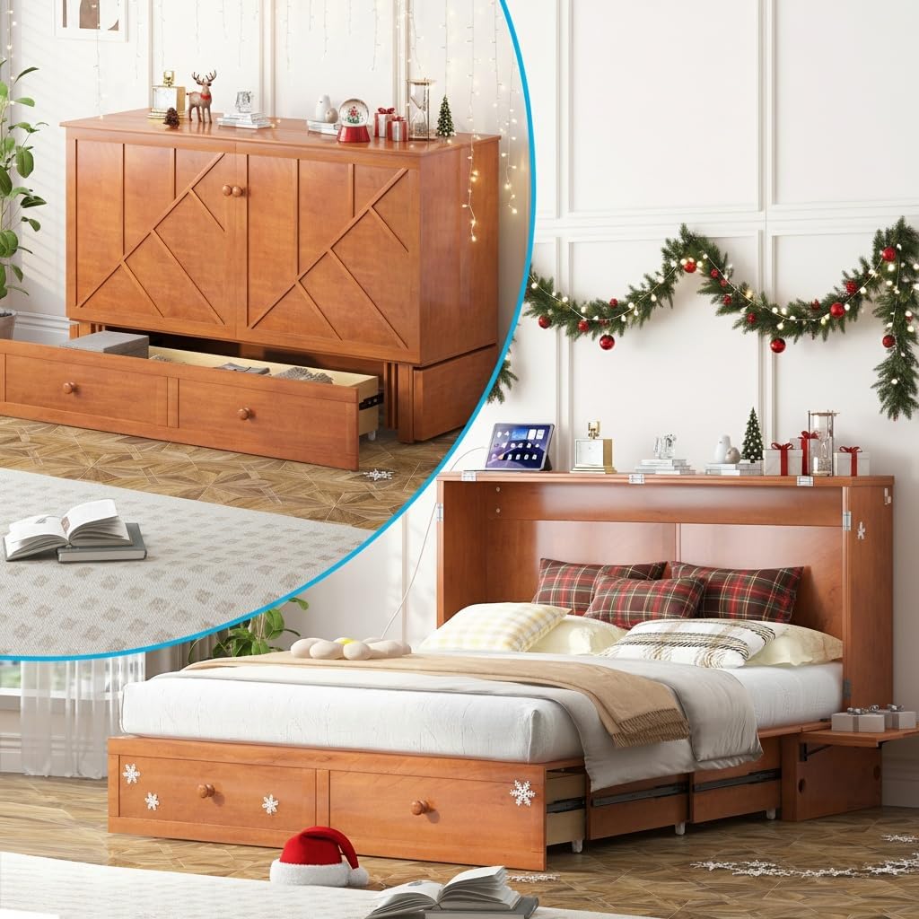 Mjkone Queen Murphy Bed Cabinet, Wall Murphy Bed with Tri-Fold Memory Foam Mattress, Modern Cube Cabinet Beds with USB Charging Station & 2 Large Storage Drawers for Living Room Apartments, Cherry