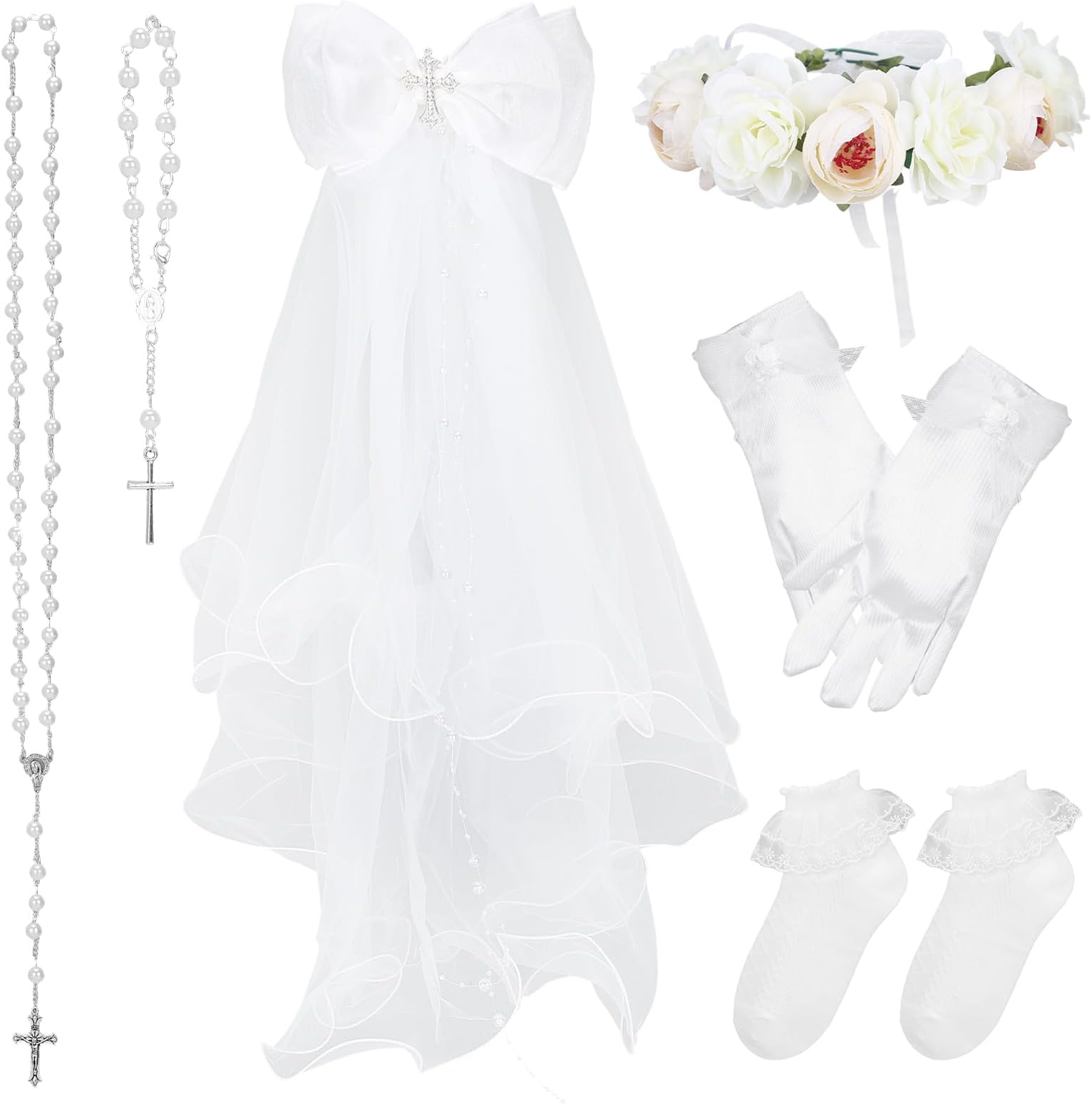 6Pcs First Communion Veils Set 1st Communion Accessories Include Cross Bow Veil Headpiece Necklace Bracelet Gloves and Socks
