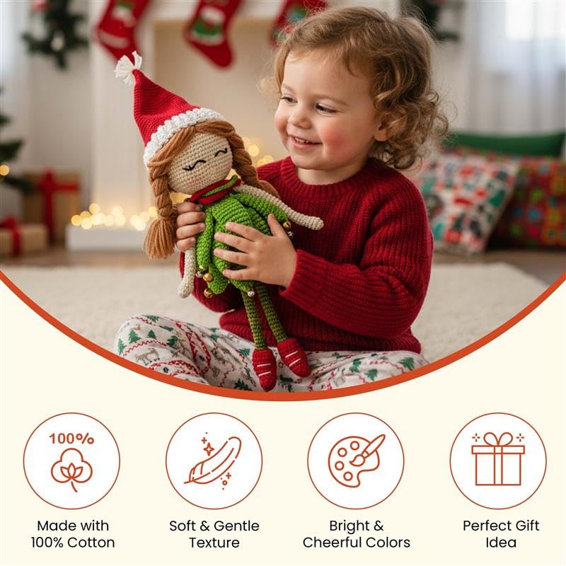 Image of Happy Threads Handmade Crocheted Elf Doll - 12 Inch | Festive Holiday Soft Toy | Cute Amigurumi Plush Decoration | Kids Gift, Home Decor Ornament and Gifting Item