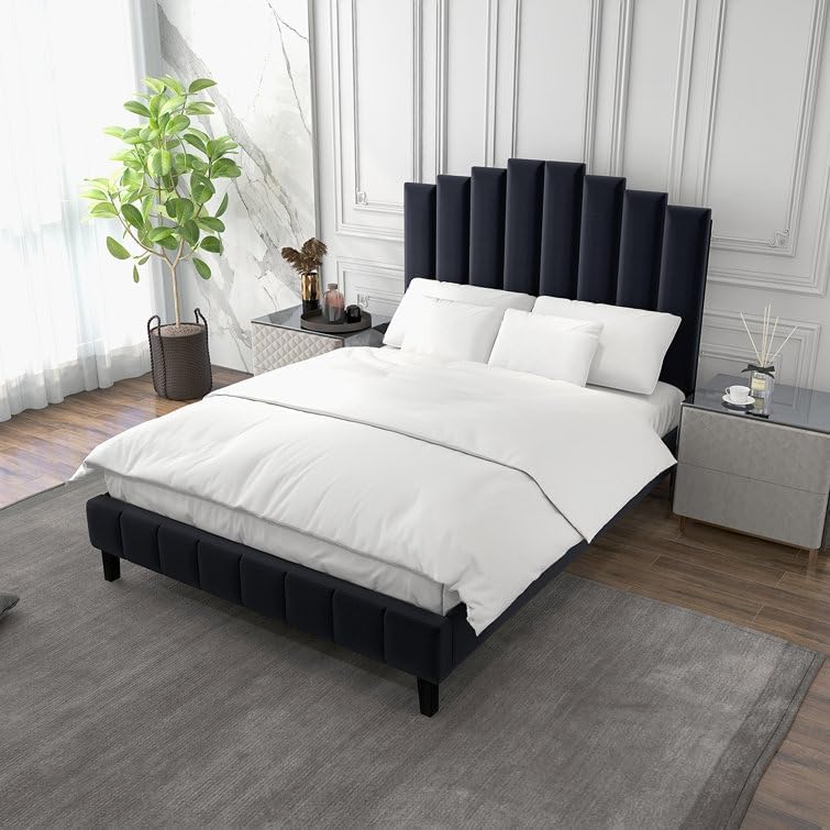 HITHOS Solid Wood Modern Upholstered King Size Bed with Tufted Headboard | Wooden Double Bed Cot palang Without Storage (Black)-image-43