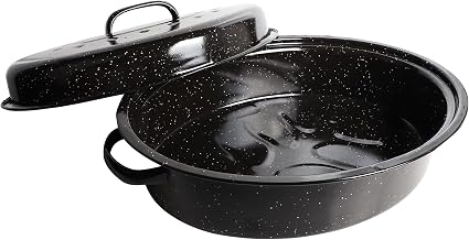 Roseeyo Granite Roasting Pan, 14.5" Enameled Oval Roaster Pot with Lid for Small Turkey, Chicken, Ham, Broiler Pan for Oven, Dishwasher