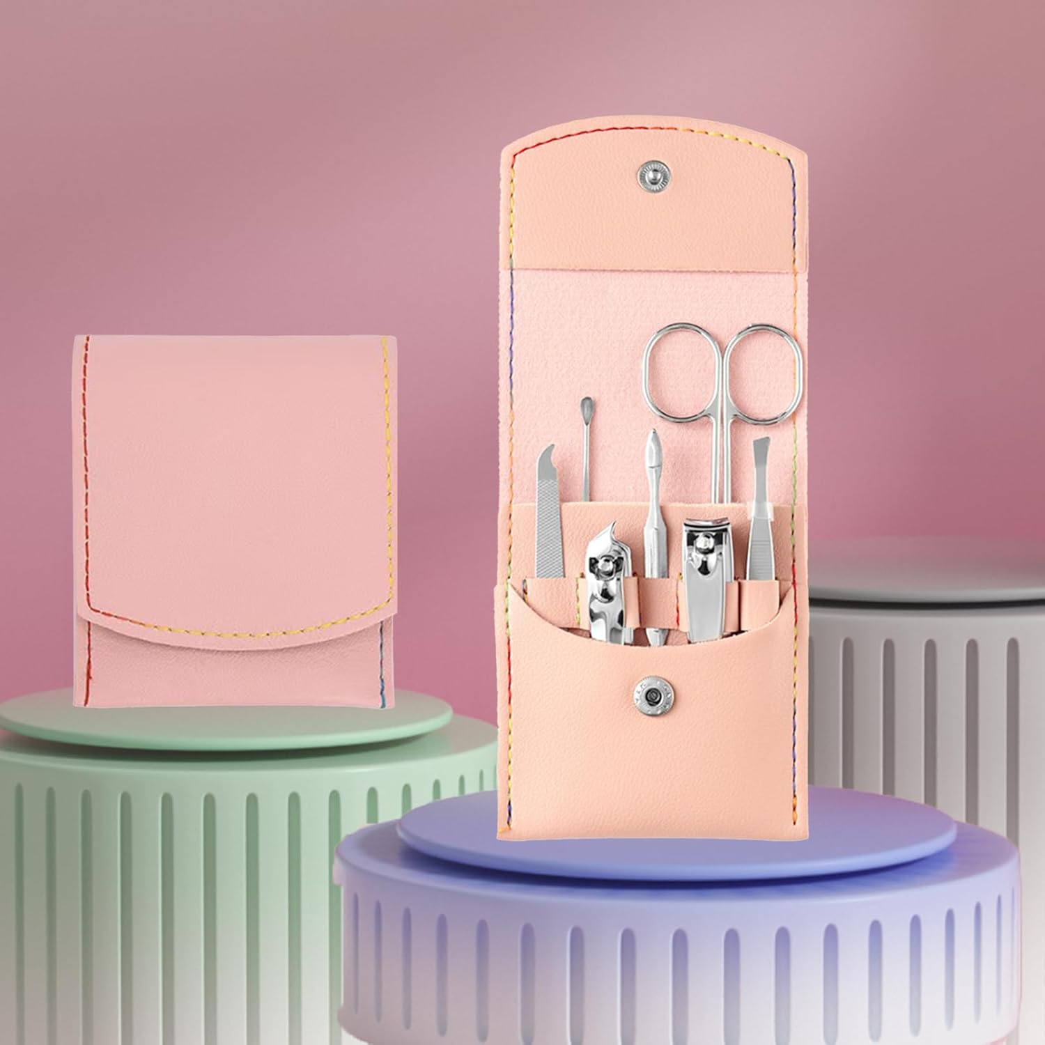 7 Pcs Nail Clippers Set Stainless Steel Manicure Set for Home Outdoor Travel Gift Giving Salon Pink