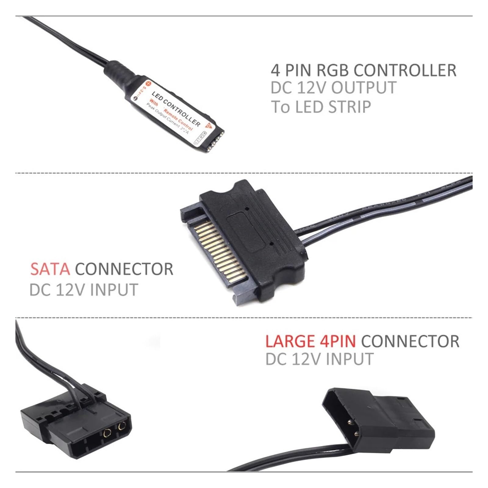 Controlador regulador de intensidad LED SATA RGB, controlador Led 12V DC 5050, 17 teclas, 4 pines, for ventilador de PC, caja de ordenador, iluminación de tira(SATA RGB Controller)