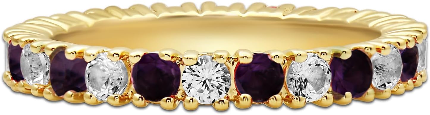 Jewelili Sterling Silver or Rose or Yellow Gold over Silver 2.5 MM Round Created White Sapphire and Simulated or Created or Genuine Gemstone Full Eternity Stackable Engagement Ring Size 7
