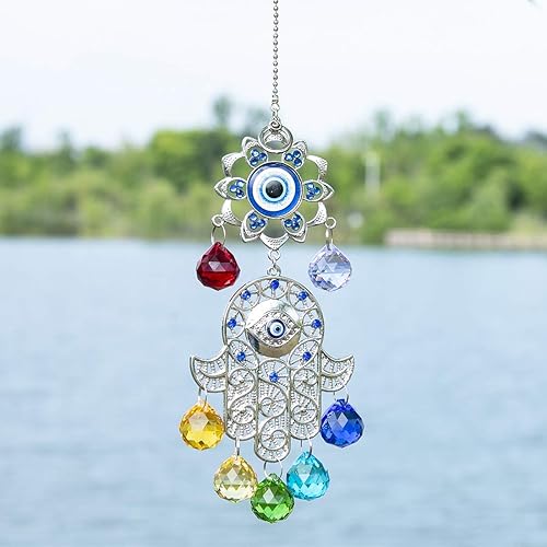 Miniatura 3 de Hamsa Hand with Blue Evil Eye Protection Hanging Crystal Ornament with Chakra Energy Crystal Balls