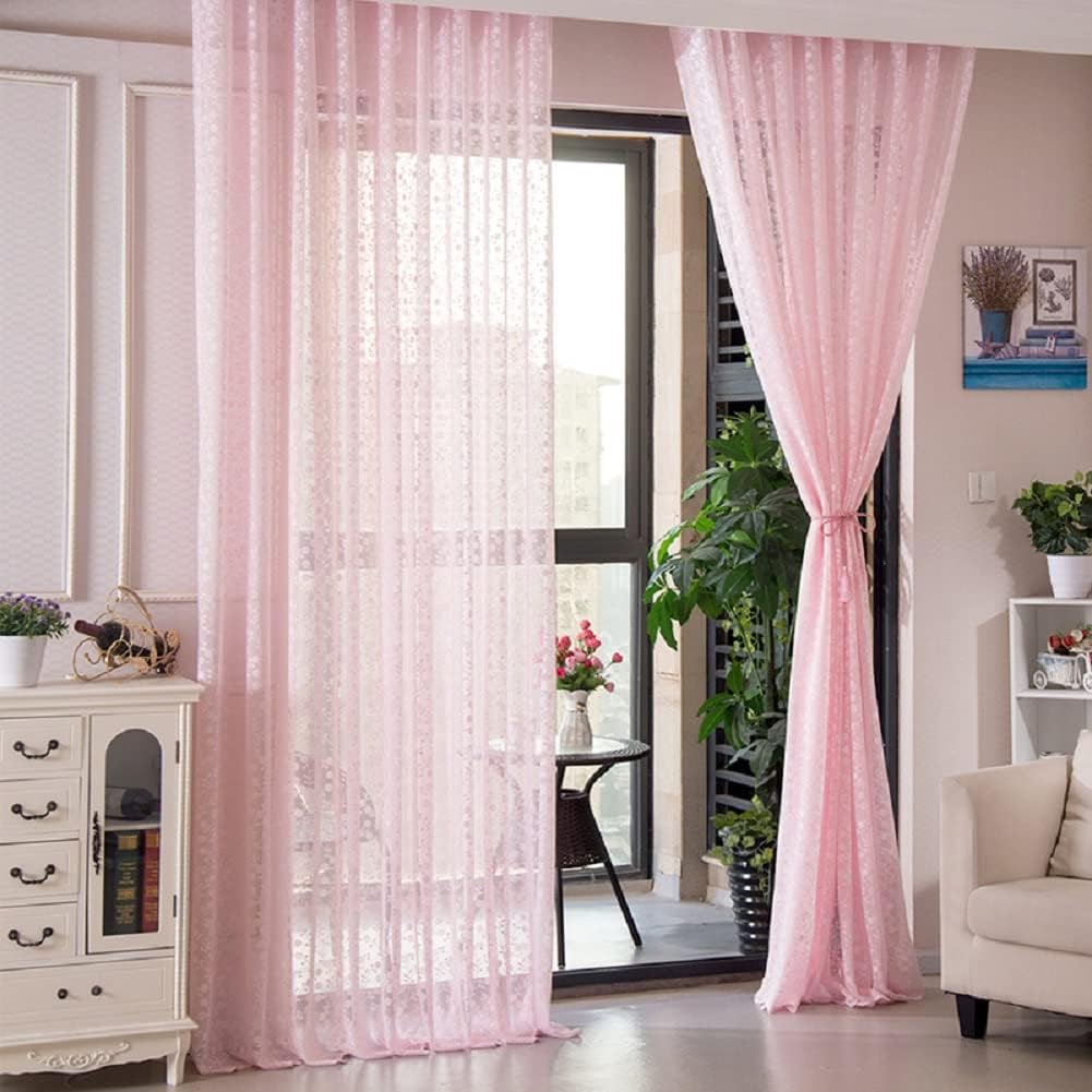 Linen Sheer Curtains Window Treatments Rod Pocket for Living Room Bedroom High-end Balcony Jacquard (2 Panels, W 54 x L 102 inch, Pink)