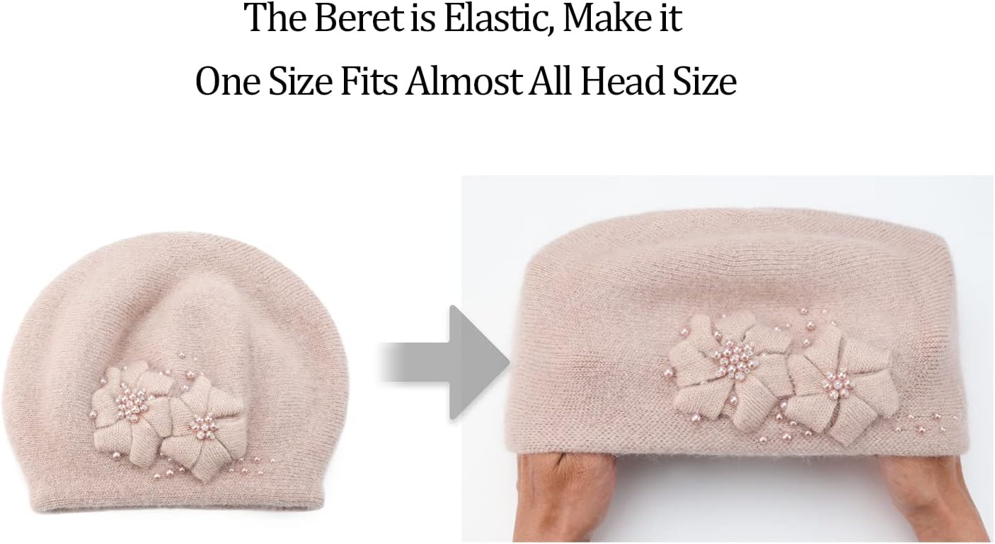 Rabbit Fur Beret Hat French Beret Cap Winter Warm Flowers Pearls Beanie Artist Painter Hat for Women Lady - Image 6