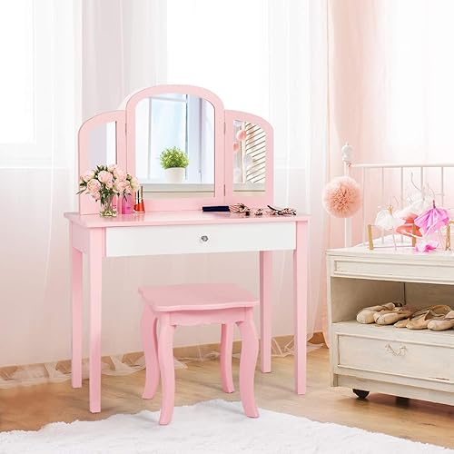 Miniatura 10 de Costzon Mesa de tocador para niños, tocador de maquillaje de princesa con cajón y espejo de tres pliegues, juego de tocador 2 en 1 con parte