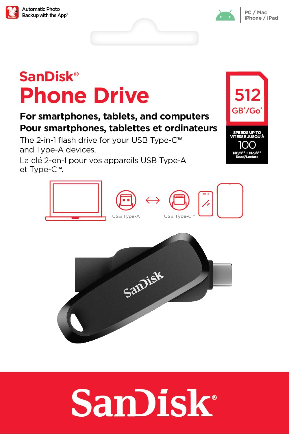 SanDisk Phone Drive, Type-C/Type-A Flashdrive 512 GB (2-In-1, Voor Android Smartphone, iPad, PC & Mac, Automatische Back-ups, Rescue PRO Deluxe) Zwart