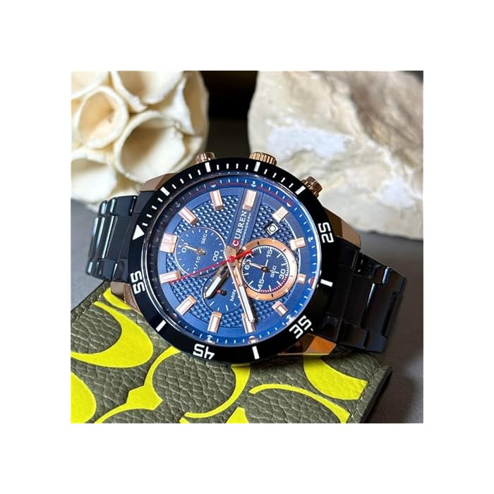 CURREN 8417. Reloj de Cuarzo para Hombre con Correa de Acero Inoxidable Azul y Esfera Azul con Detalles en Rojo, Blanco y Oro Rosa. Tiene función de Calendario y cronómetro. - Imagen 6