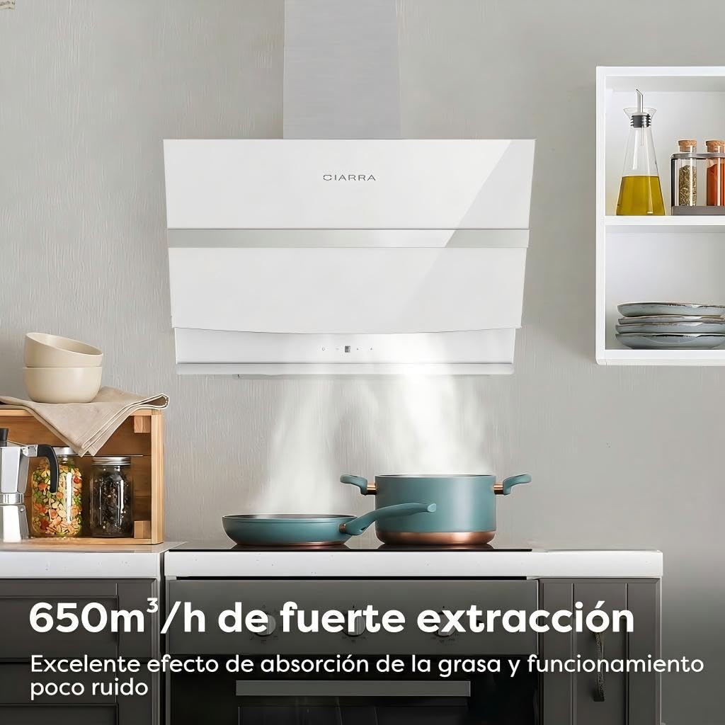 CIARRA Campana Extractora Inclinada 60 cm, A+++,650 m³/h,Touch,CBCW6736N | Blanco Panel Cristal Extractor | Recirculación/Evacuación | 4 Velocidades | Luz LED | Filtro Carbón CBCF003 No Incluido