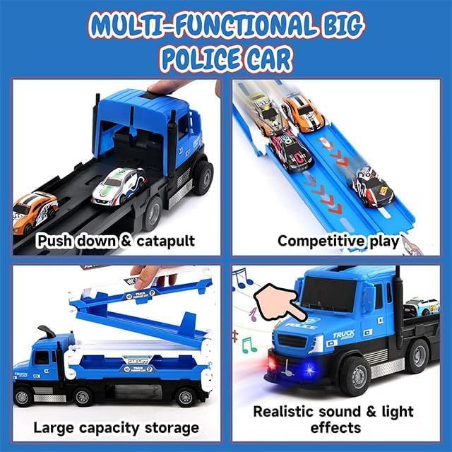 Image of Big Hauler Storage & Deform Truck Toy with 55 inch 2 Ejection Race Track & 6 Cars- Catapult Truck with LED Light & Music for Kids (Blue & Grey)