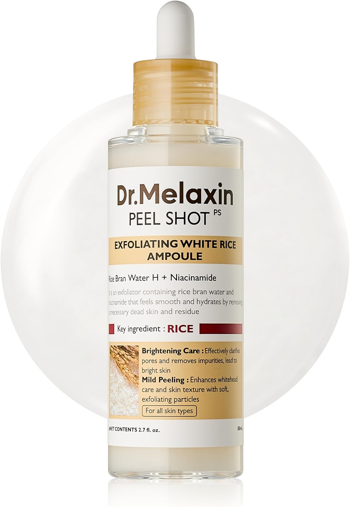 Dr.Melaxin Peel Shot Glow White Rice Peeling Ampoule with Rice Extract & AHA BHA, Brightening & Gentle Exfoliating Serum for Sebum Control, Niacinamide & Hyaluronic Acid, Korean Skincare, 2.71 fl.oz