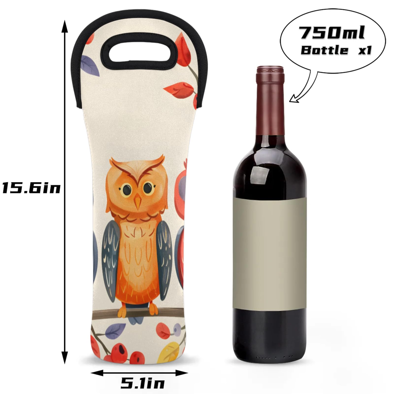 Neoprene Wine Tote Carrier Bag for Wine,Water, Champagne, Beer, Baby Bottles 15.6 x 5.1 Inches, Protective Wine Bag,Owls on Branches