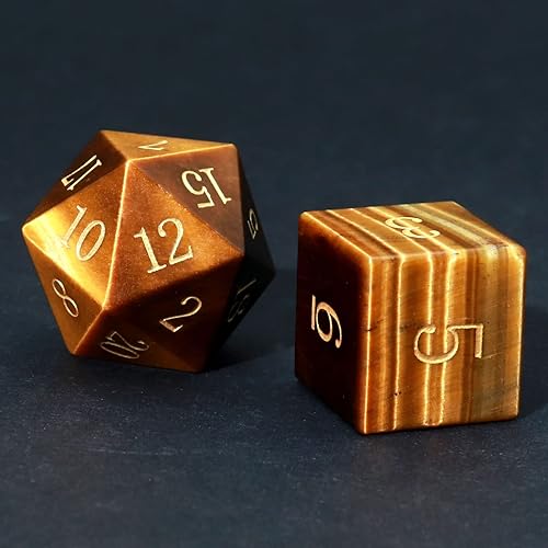 Haxtec Juego de dados DND con piedras preciosas de ojo de tigre con estuche de madera para D&D Calabozos y Dragones, juego de mesa de regalo