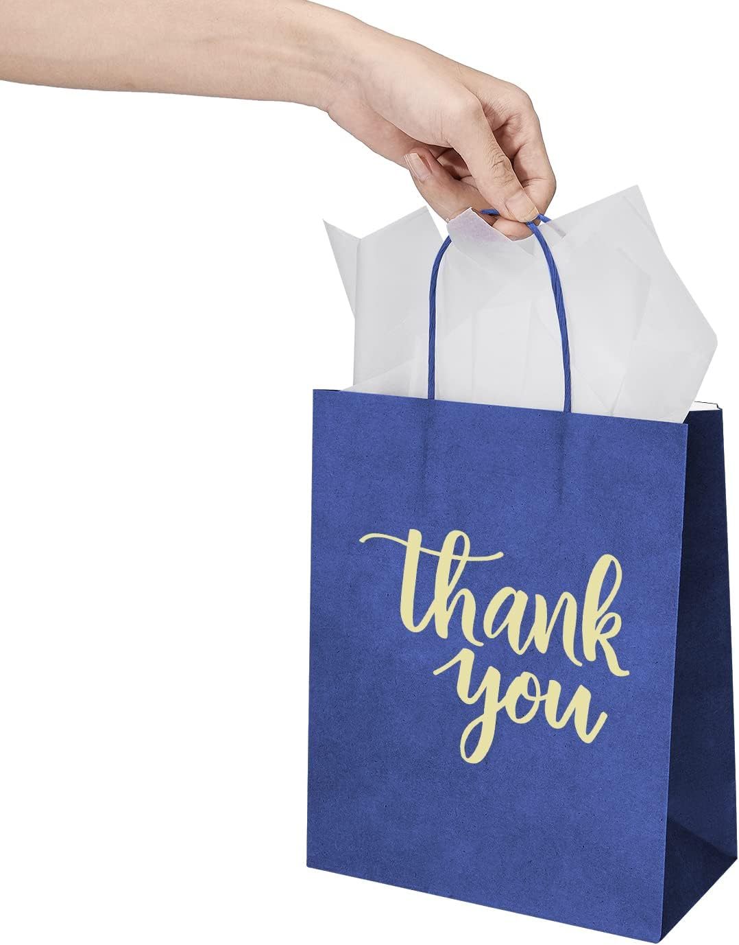 DjinnGlory 50 Pack Medium Navy Thank You Gift Bags with Handles 10x8x4 Inch, Nautic Blue Paper Bags and White Tissue Paper for Small Business, Graduation, Wedding, Bridal Baby Shower Party Favors - Image 6