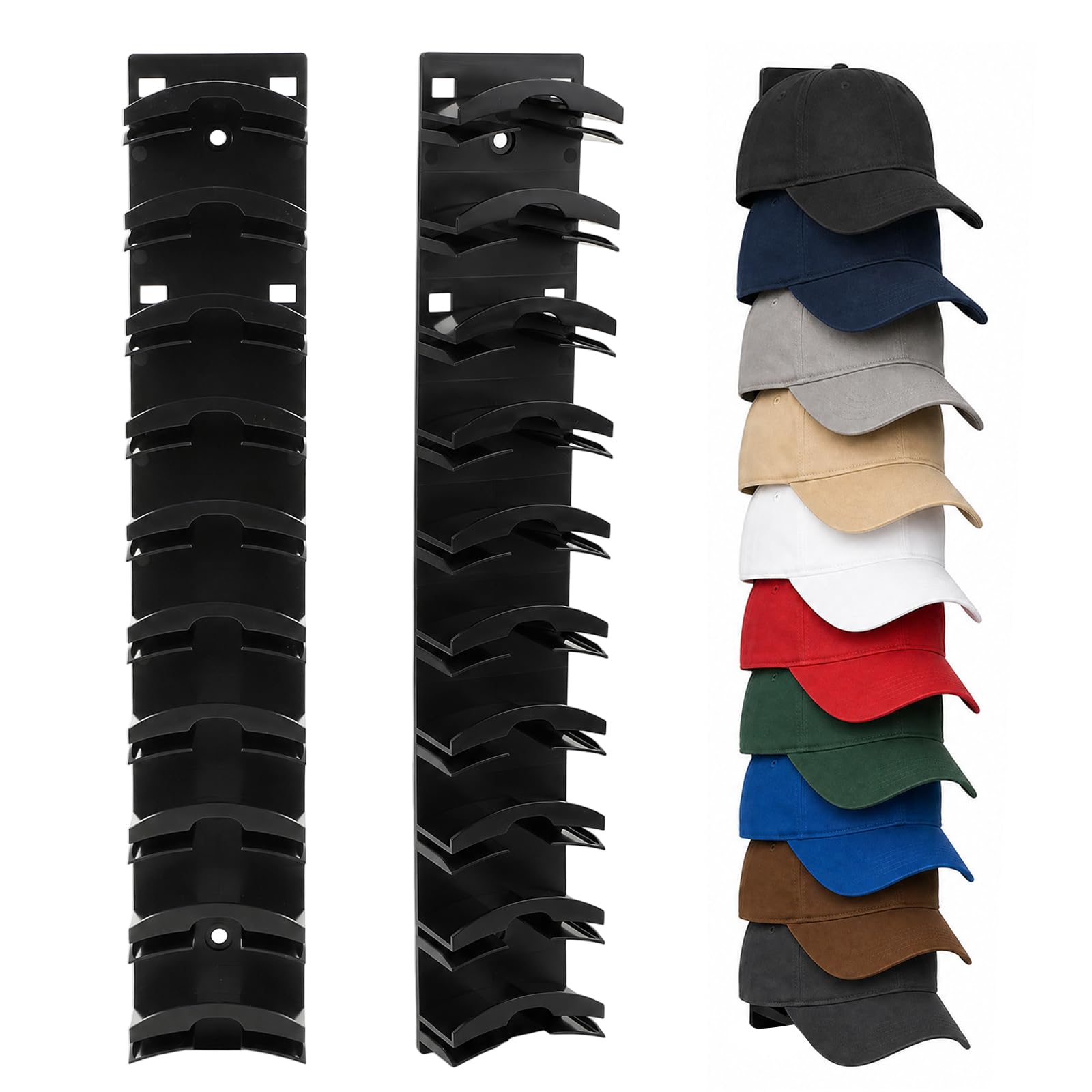 Qichan 2 Pcs Hat Organizer for Baseball Caps, Wall Mounted Baseball Cap Storage Holds Up to 20 Hats, Adhesive & Screw-in Cap Organiser, Multilayer Hat Hanger for Wall Door, Closet, Bedroom